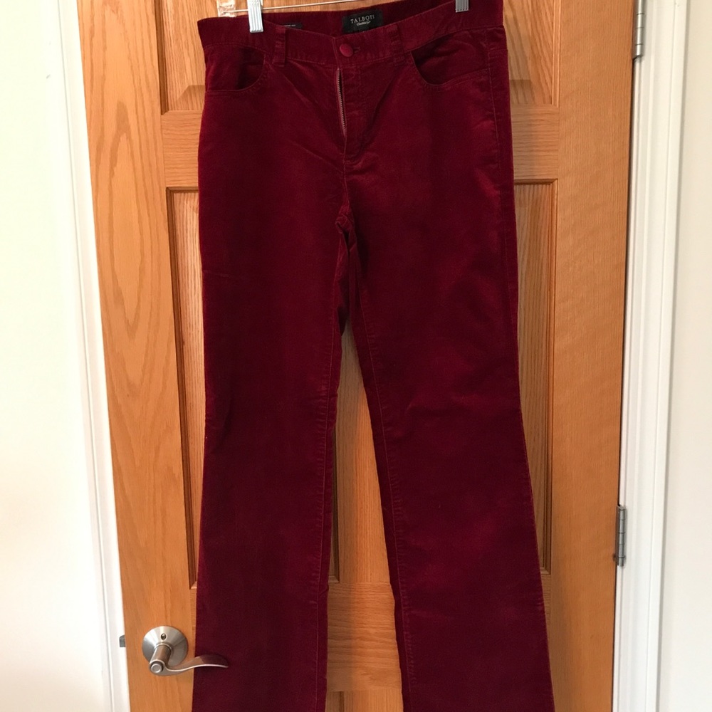 Burgundy velvet pants with satin button by Talbots